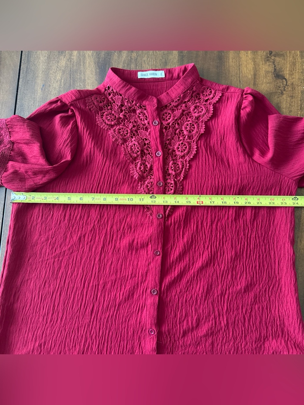 Grace Karin Womens Plus Red Long Puff Sleeve Lace Detail Blouse Shirt Top 2XL - Picture 10 of 13
